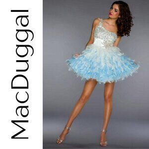 Mac Duggal White and Light Blue Feathered Mini Dress